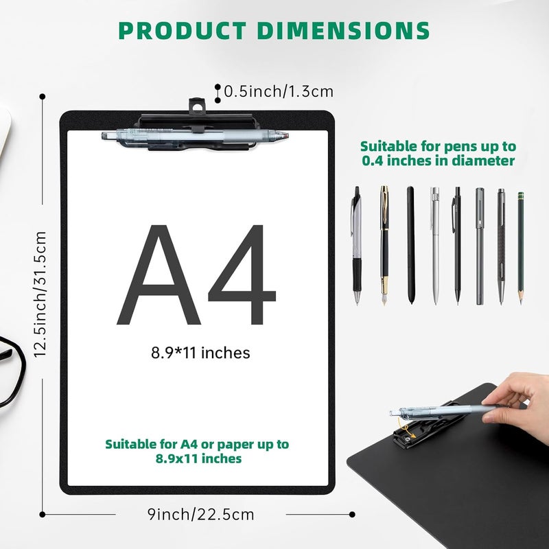 FRETONBA Black Clipboard with Pen Holder, 2 Pack Plastic Clipboard with Low Profile Metal Clip, Hanging Clip Boards Holds 8.5x11 Inch Papers, Standard A4 Letter Size Clip Boards for Offices & School - Image 2